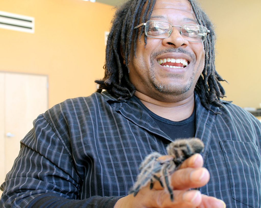 “People have a lot of misconceptions about spiders. Out of the 3,000 species in the United States, only 2 are dangerous – the black widow and the brown recluse,” said Bennett as he cradled his rose hair tarantula. 